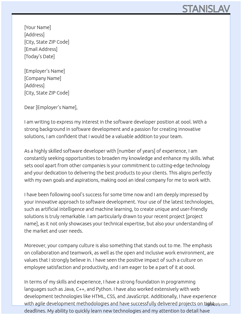 software developer At oool Cover Letter