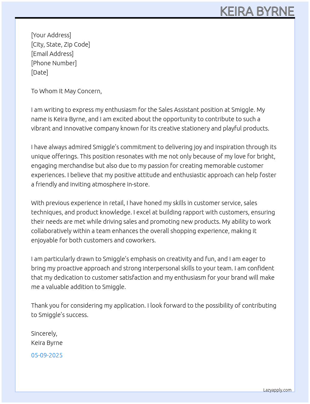 sales assistant At Smiggle Cover Letter