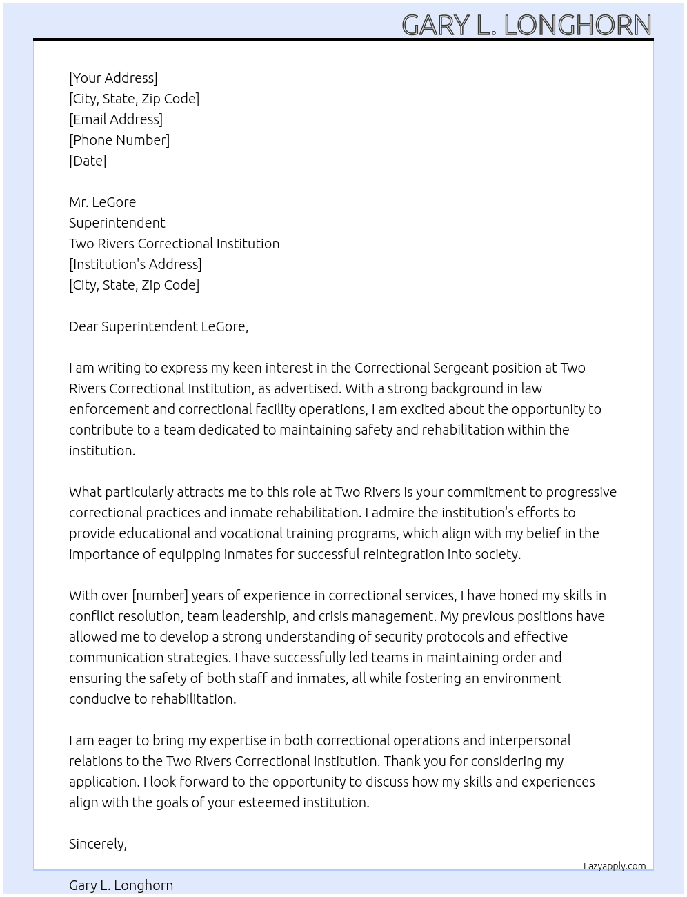 Correctional Sergeant At Two Rivers Correctional Institution Cover Letter