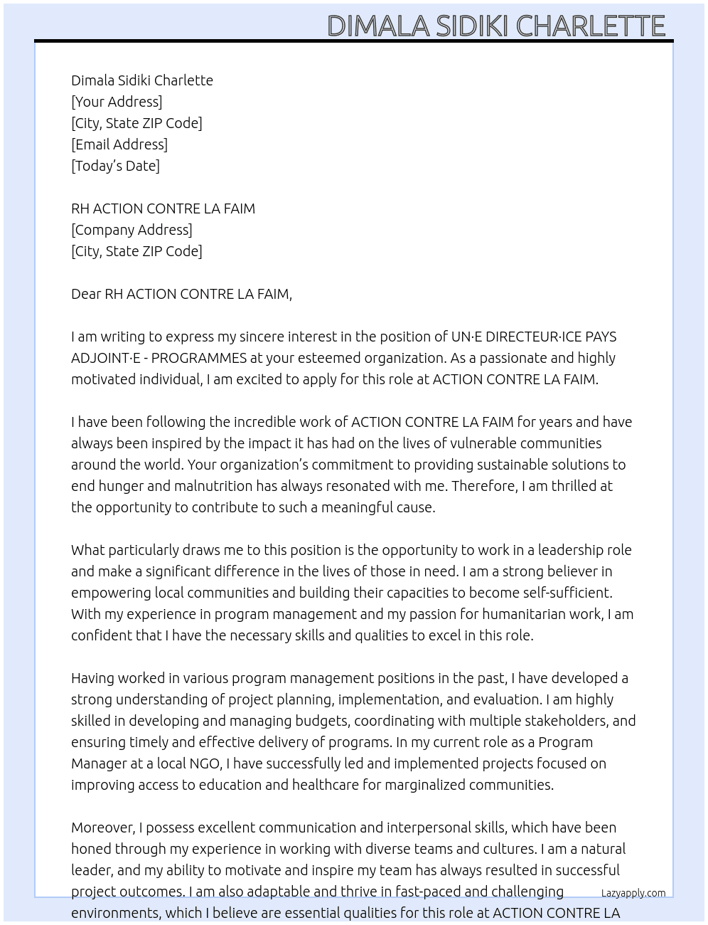 UN·E DIRECTEUR·ICE PAYS ADJOINT·E - PROGRAMMES At ACTION CONTRE LA FAIM Cover Letter