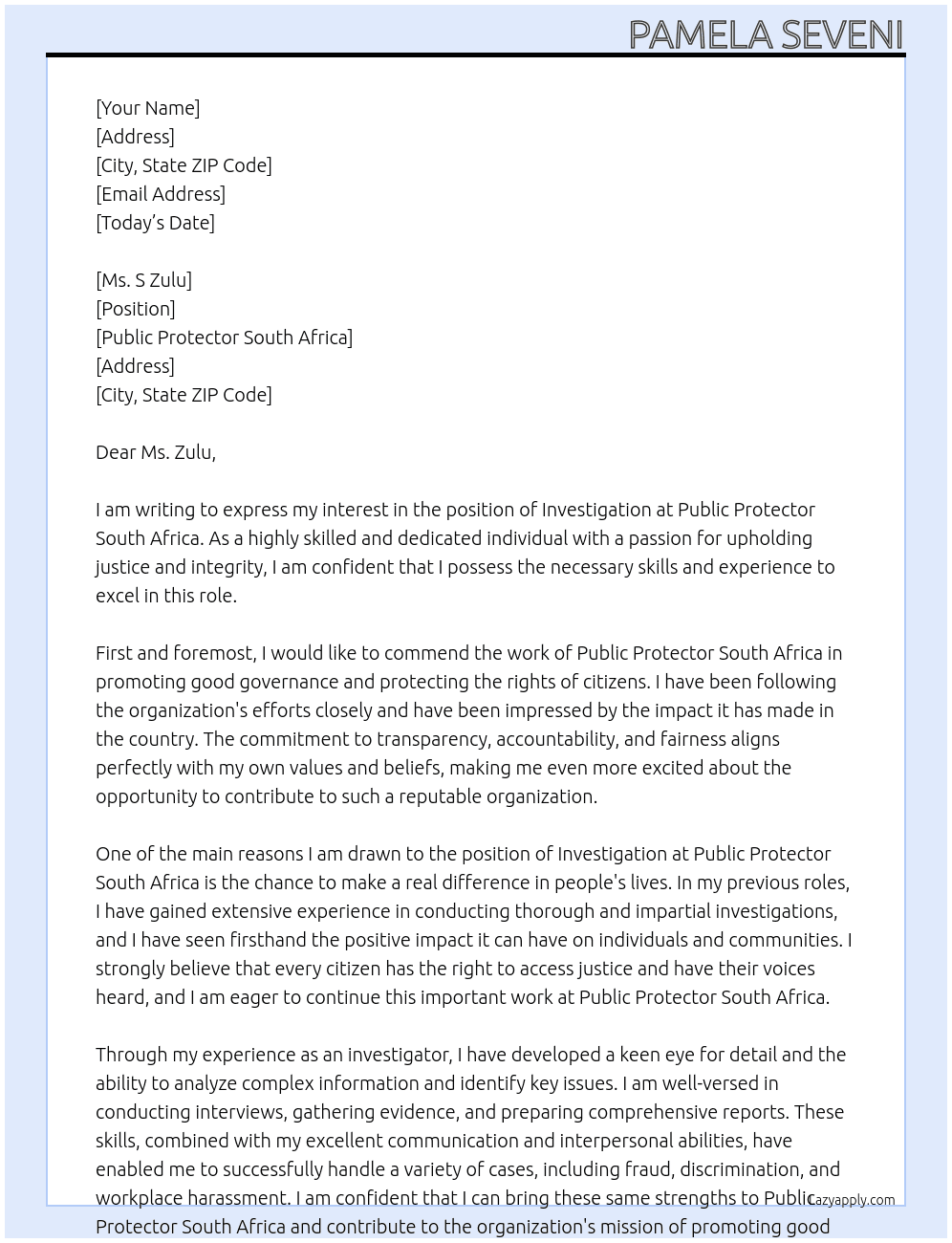 Investigation  At Public Protector South Africa  Cover Letter
