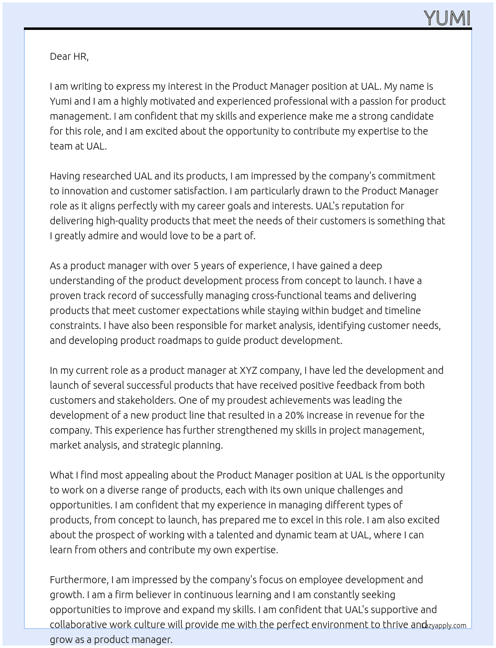Product manager At UAL Cover Letter