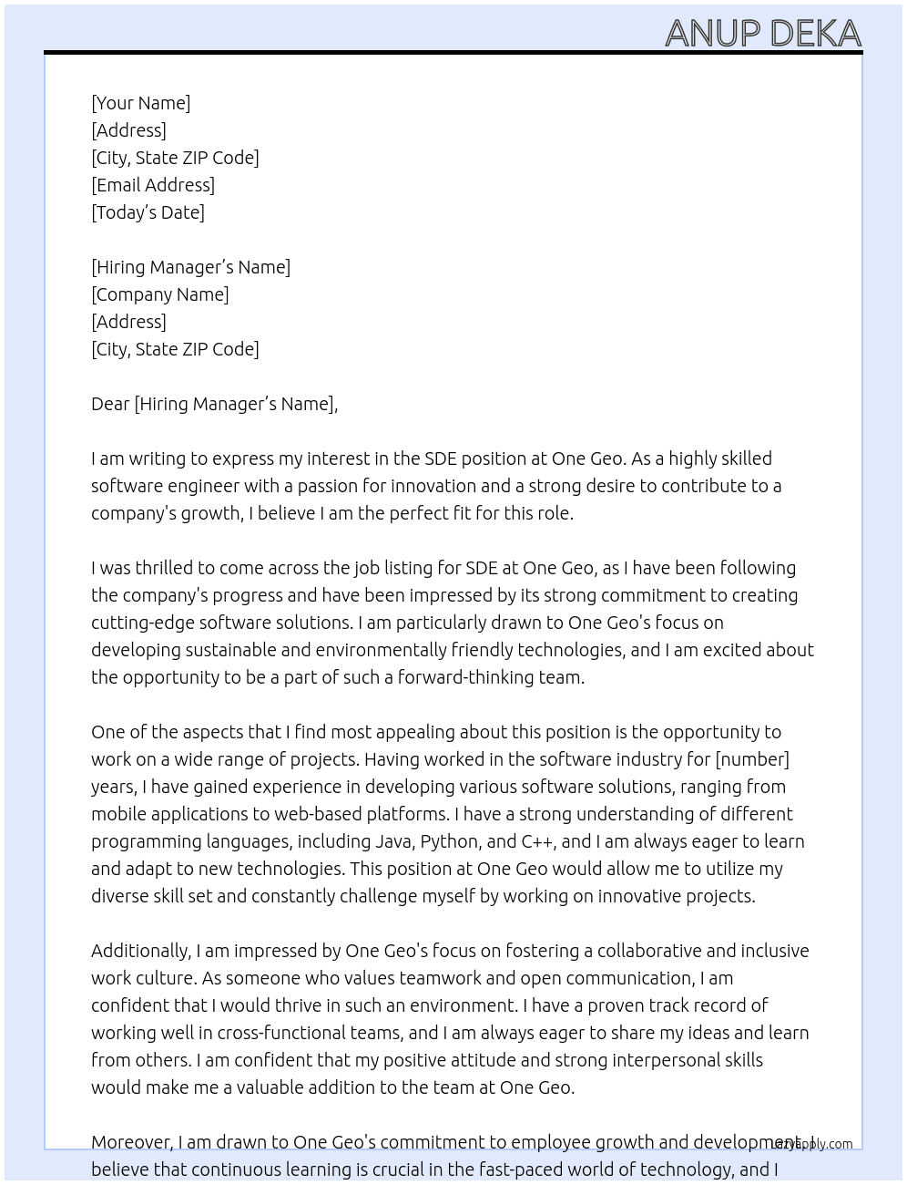 SDE At One Geo Cover Letter