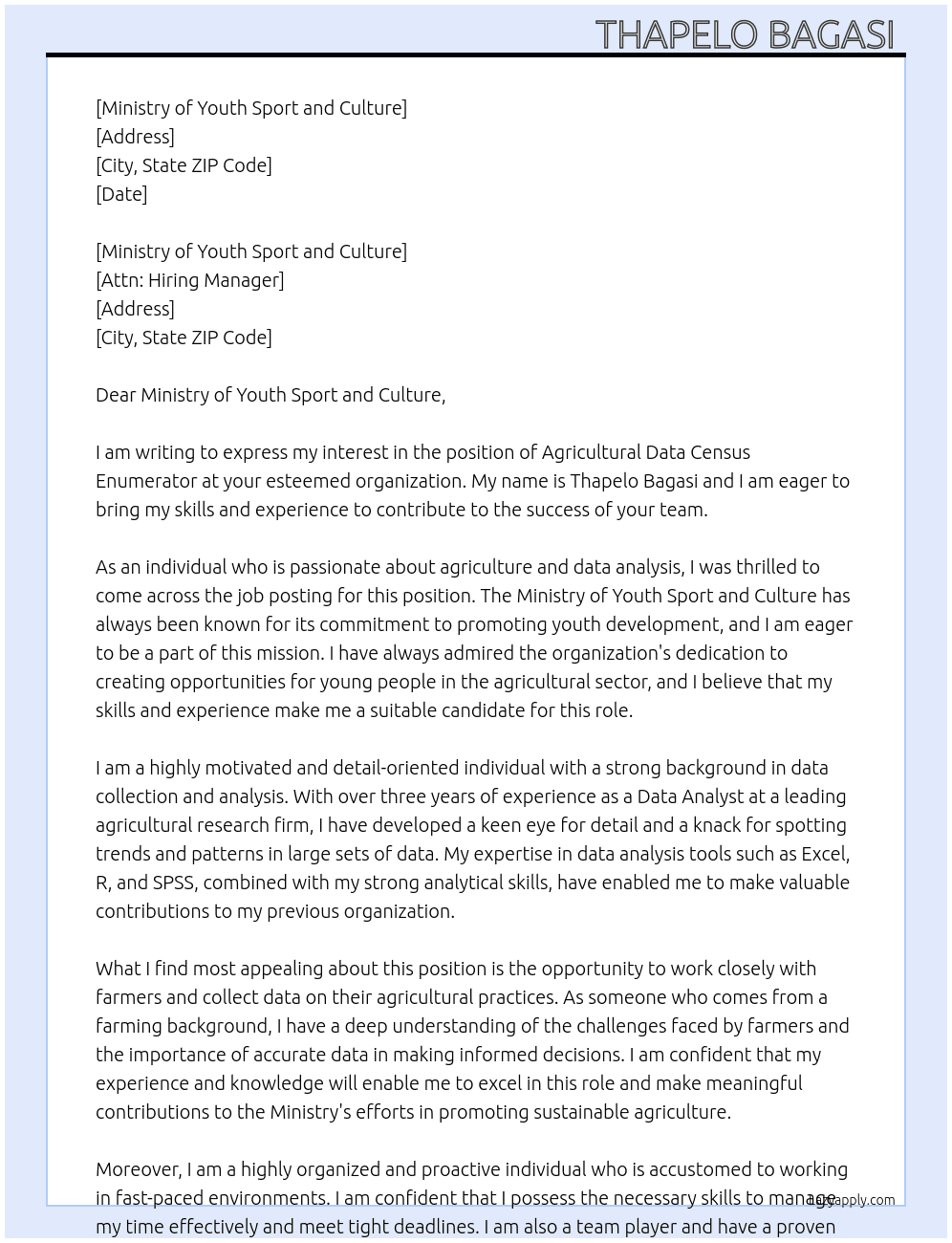 Agricultural data census enumerator  At Ministry of youth Cover Letter