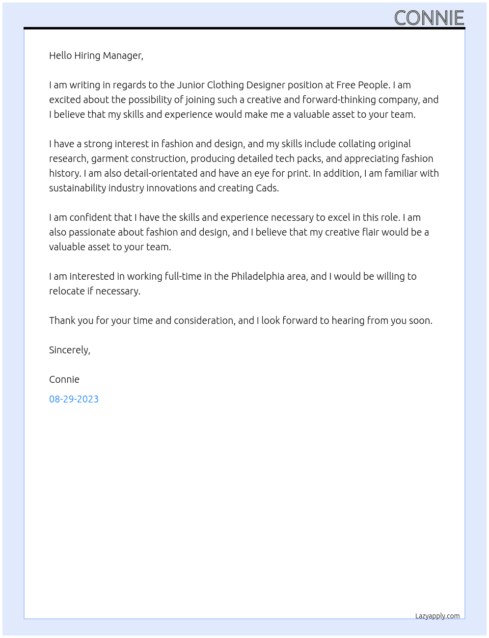 Junior Clothing designer At Free People Cover Letter