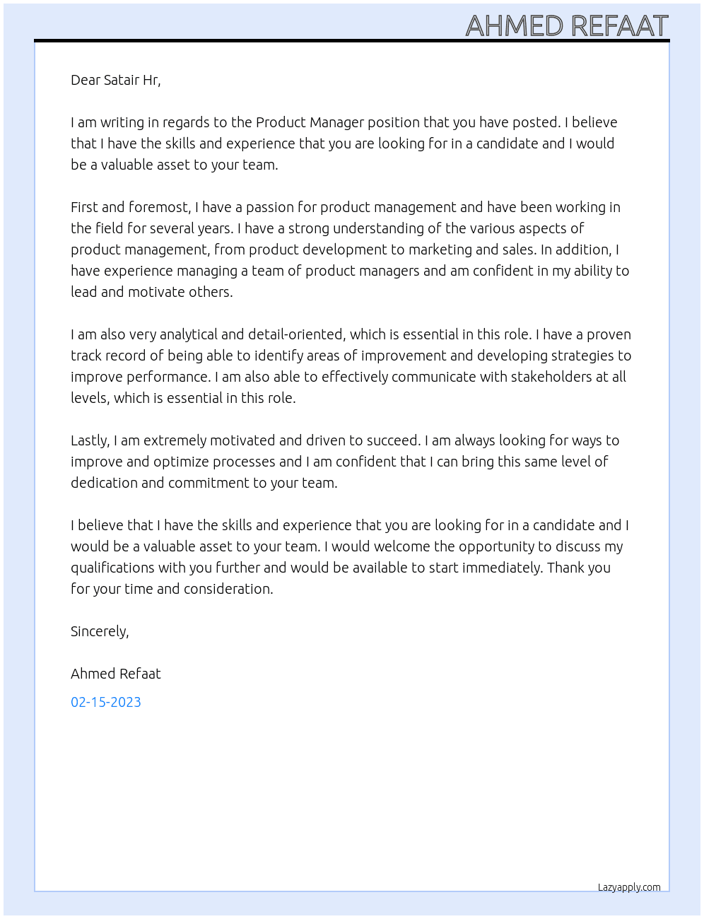 Poduct Manager At Satair Cover Letter