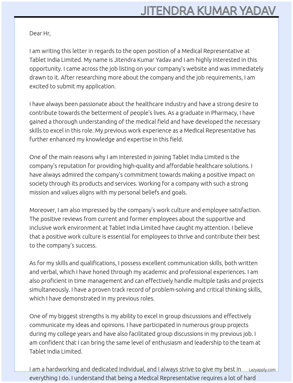Medical representative  At Tablet india limited  Cover Letter