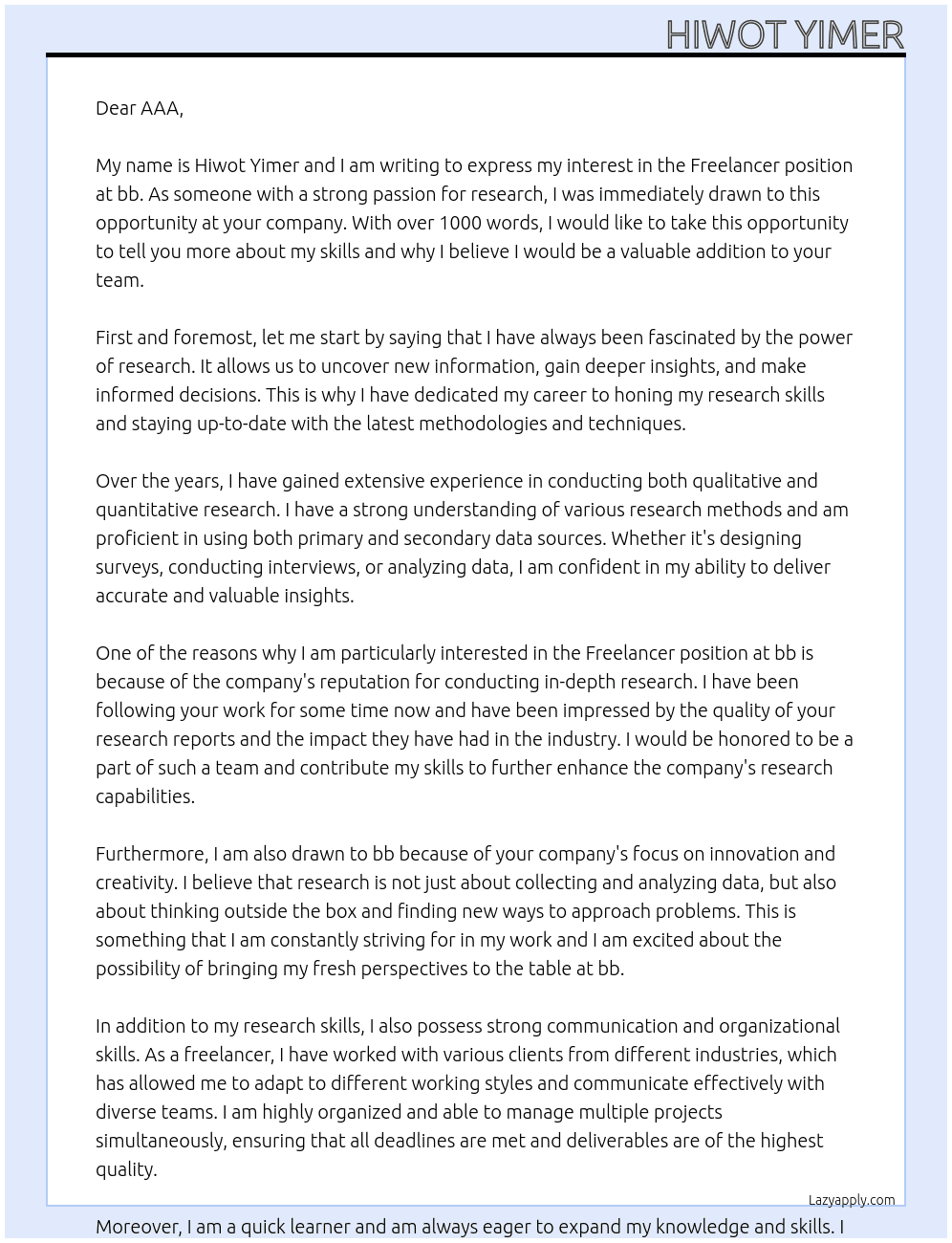 freelancer At bb Cover Letter
