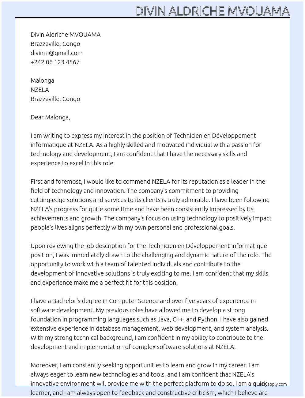 Technisien en Développement informatique At NZELA Cover Letter