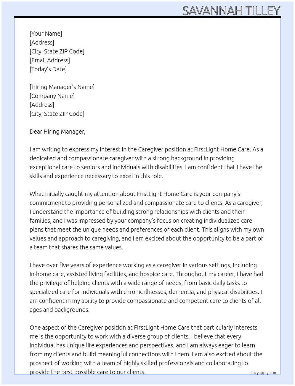 Caregiver At FirstLight Home Care Cover Letter