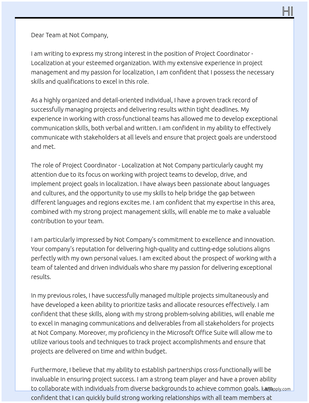 Project Coordinator  At Not company  Cover Letter