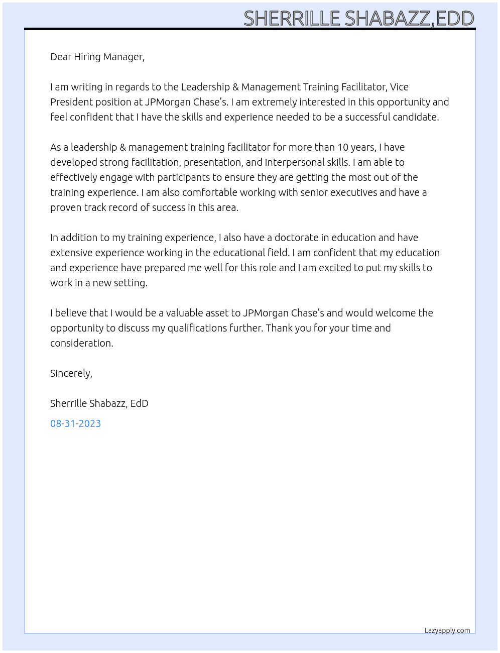 Leadership & Management Training Facilitator, Vice President At JPMorgan Chase’s  Cover Letter