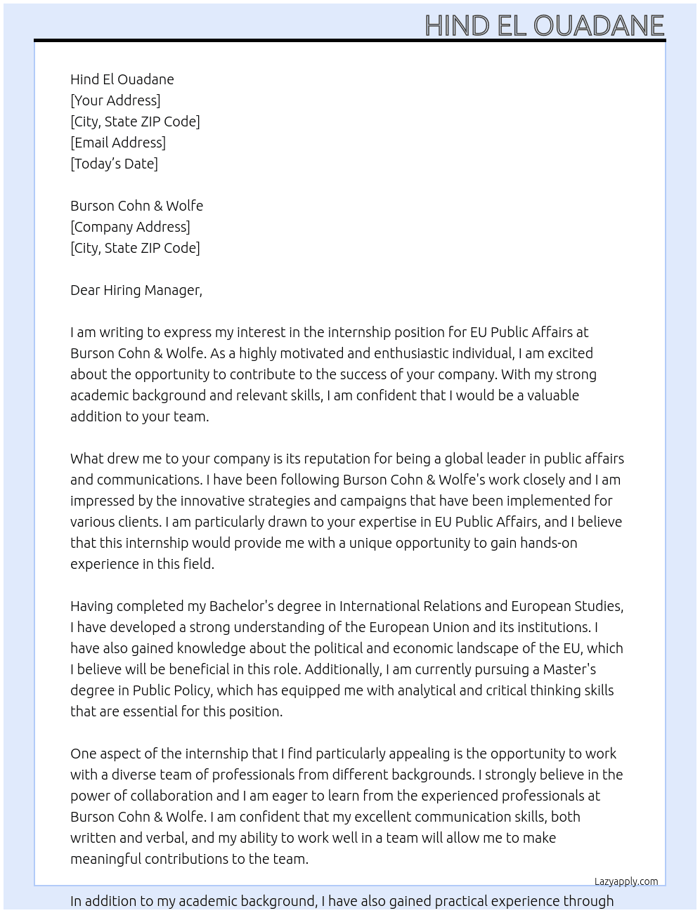 Intership - Eu Public Affairs At Burson Cohn & Wolfe Cover Letter