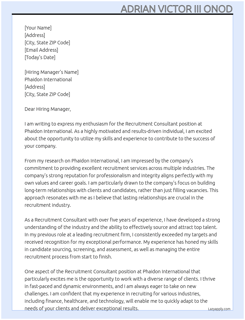 Recruitment Consultant At Phaidon International Cover Letter