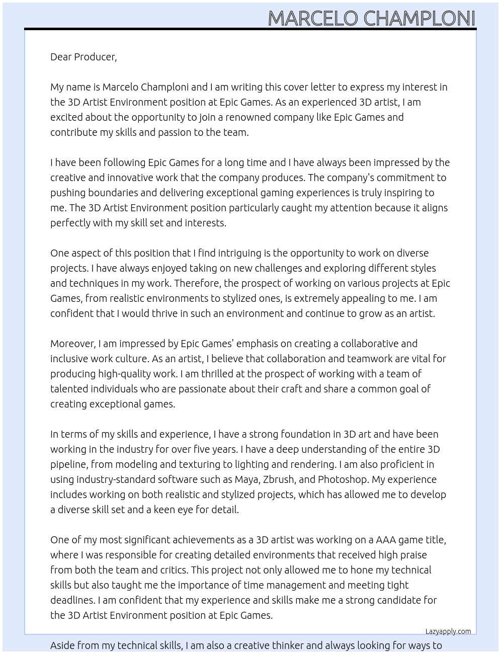 3D Artist Enviroment At Epic Games Cover Letter