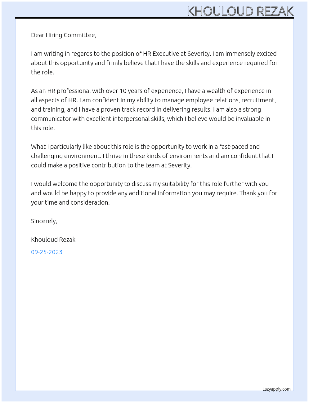 Hr Executive  At Severity Cover Letter