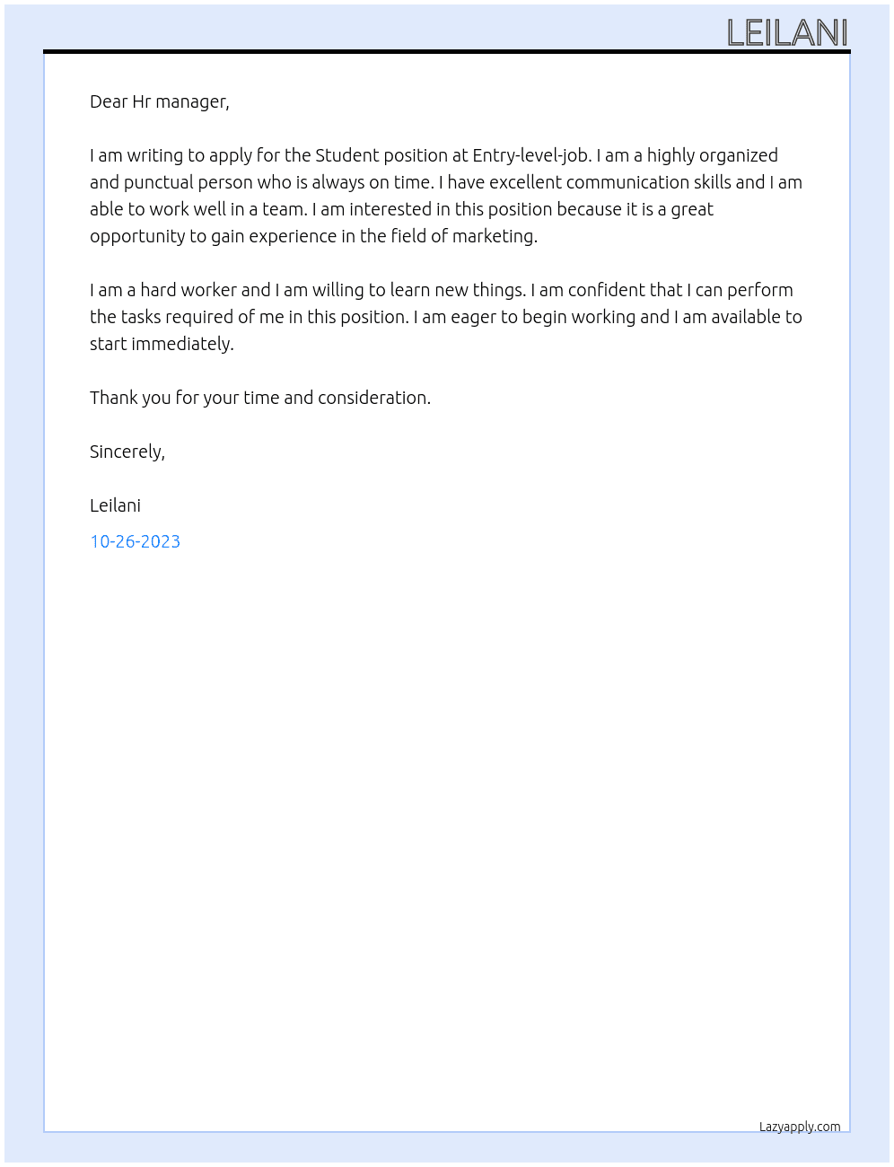 Student At Entry-level-job Cover Letter