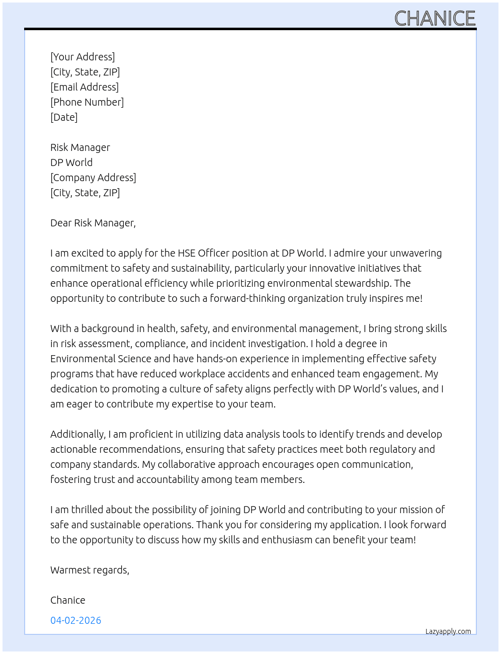 HSE Officer At DP World Cover Letter