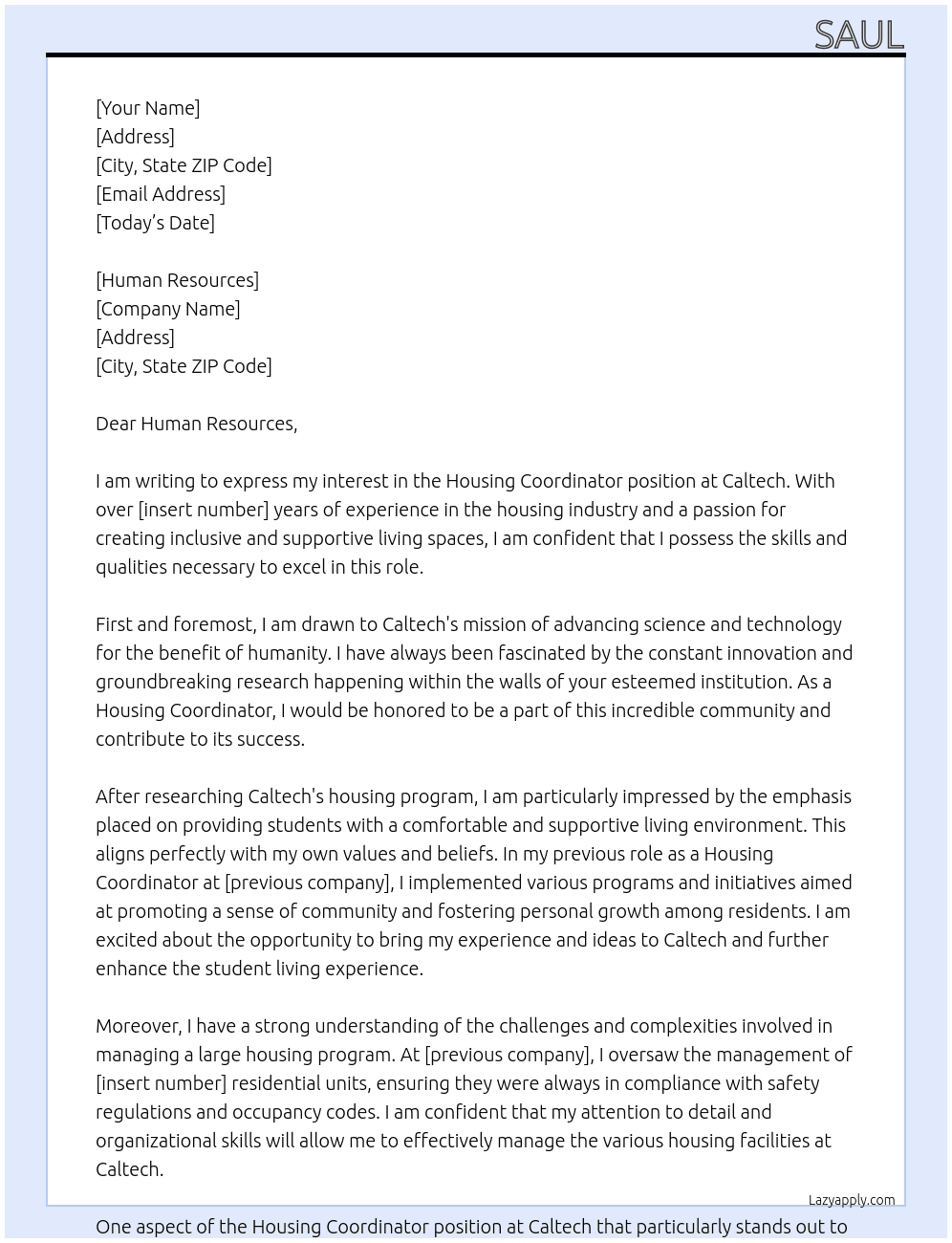 Housing Coordinator  At Caltech Cover Letter