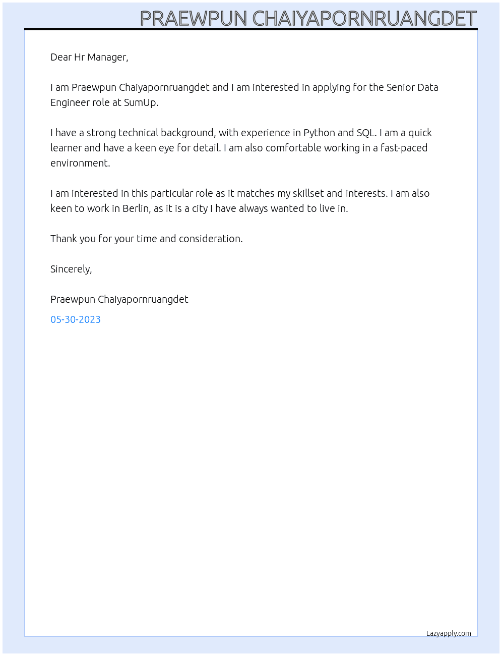 Senior data engineer At SumUp Cover Letter