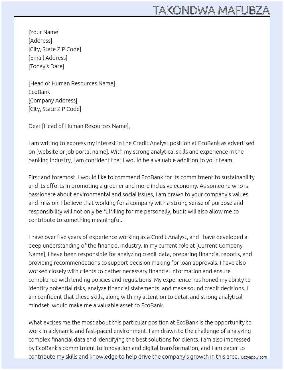 Credit Analyst At EcoBank Cover Letter