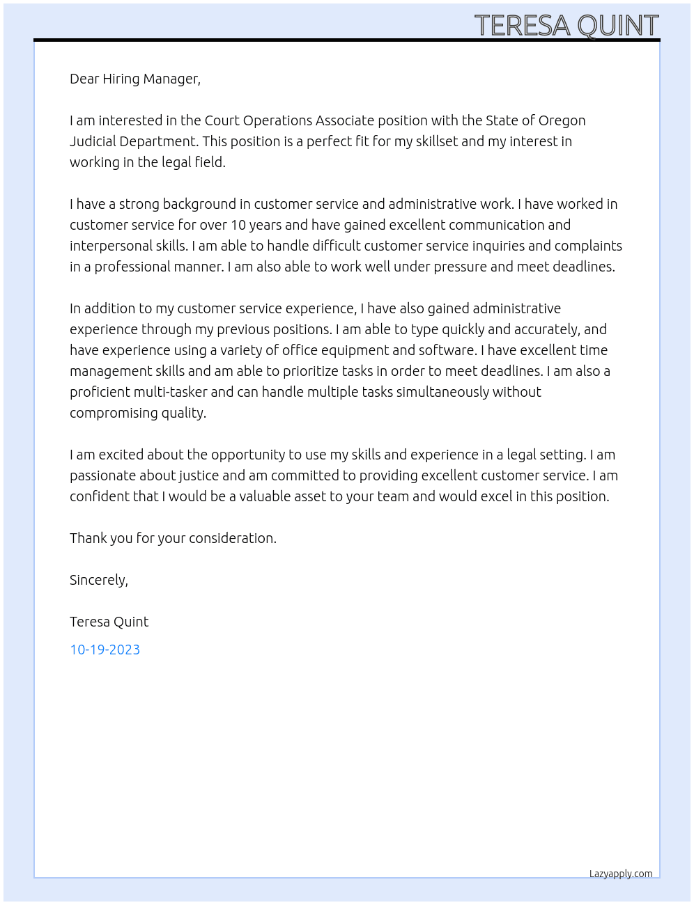 Court Operations Associate At State of Oregon Judicial Department  Cover Letter