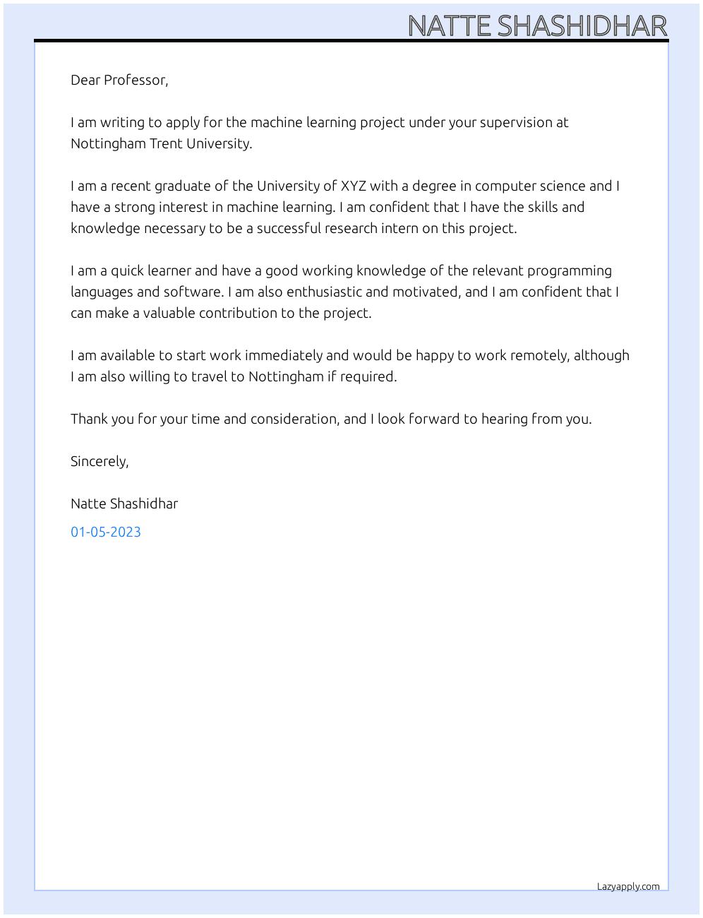 Cover letter for machine learning project under professor - LazyApply
