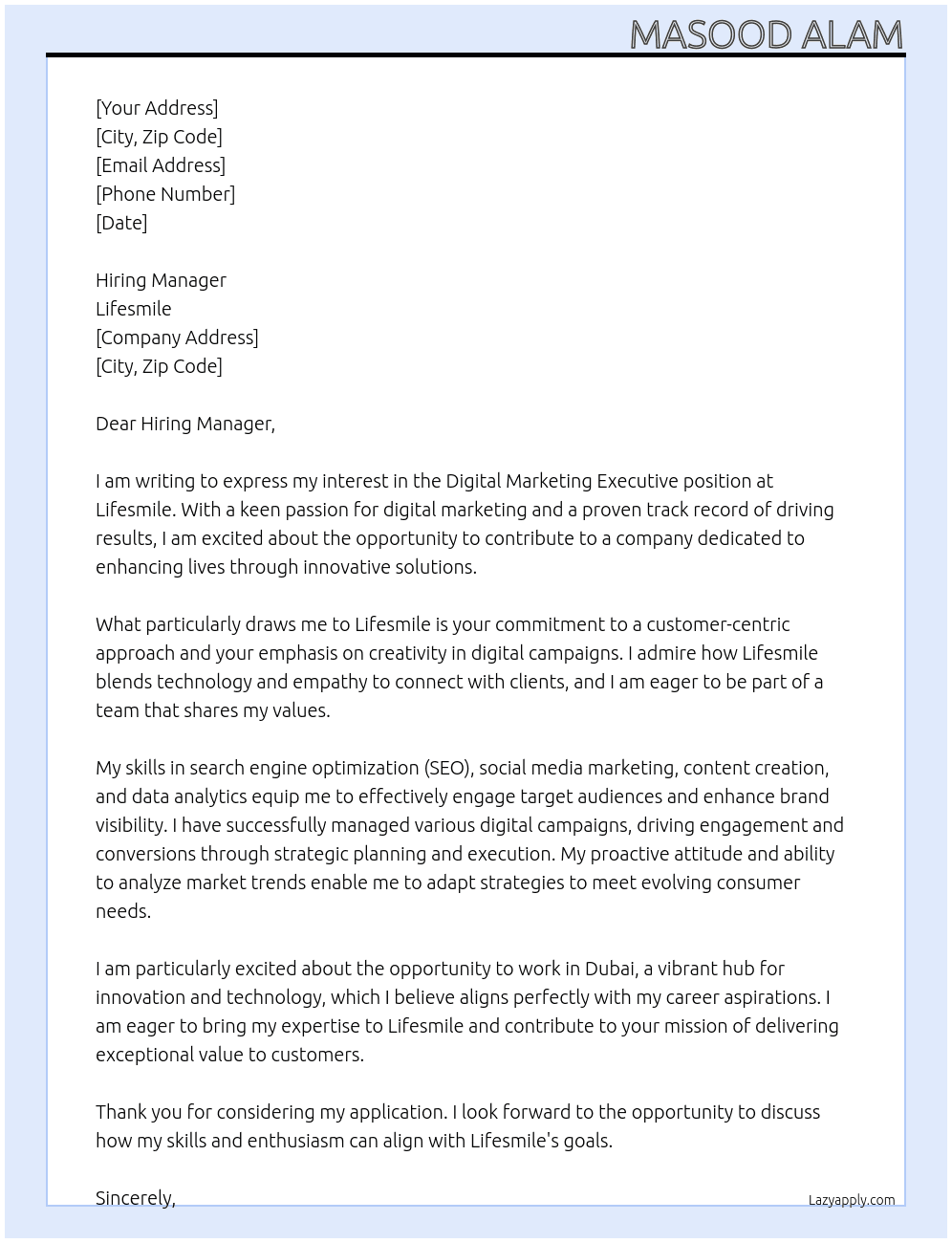Digital Marketing Executive At Lifesmile Cover Letter
