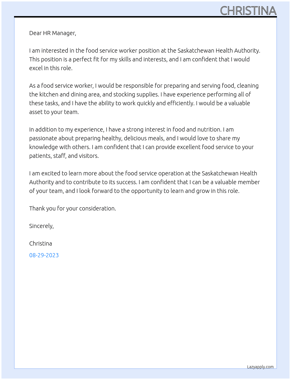 Food Service Worker At Saskatchewan Health Authority Cover Letter