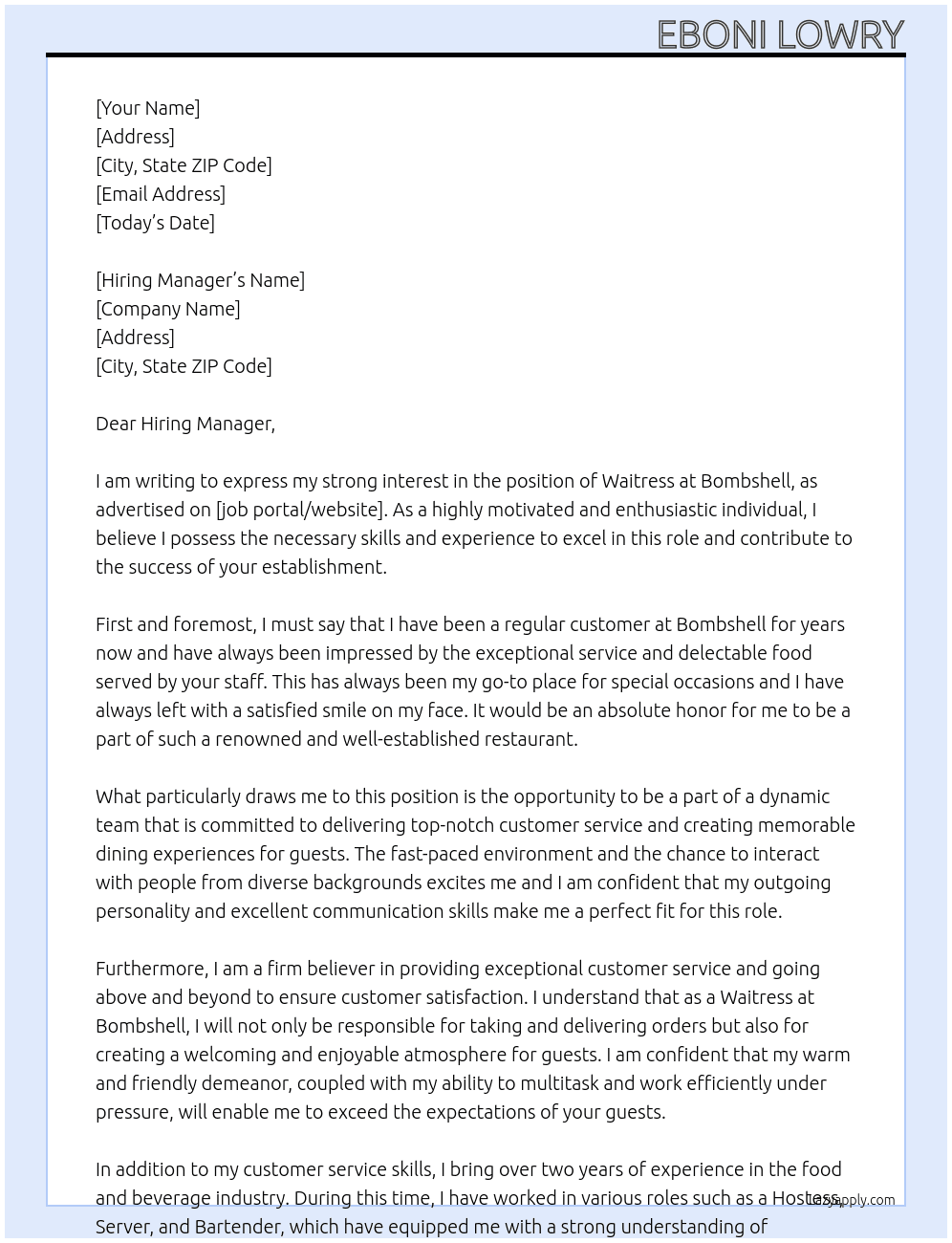 Waitress At Bombshell Cover Letter
