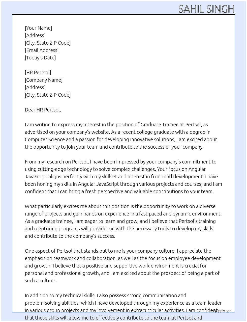 Graduate trainee At Pertsol  Cover Letter