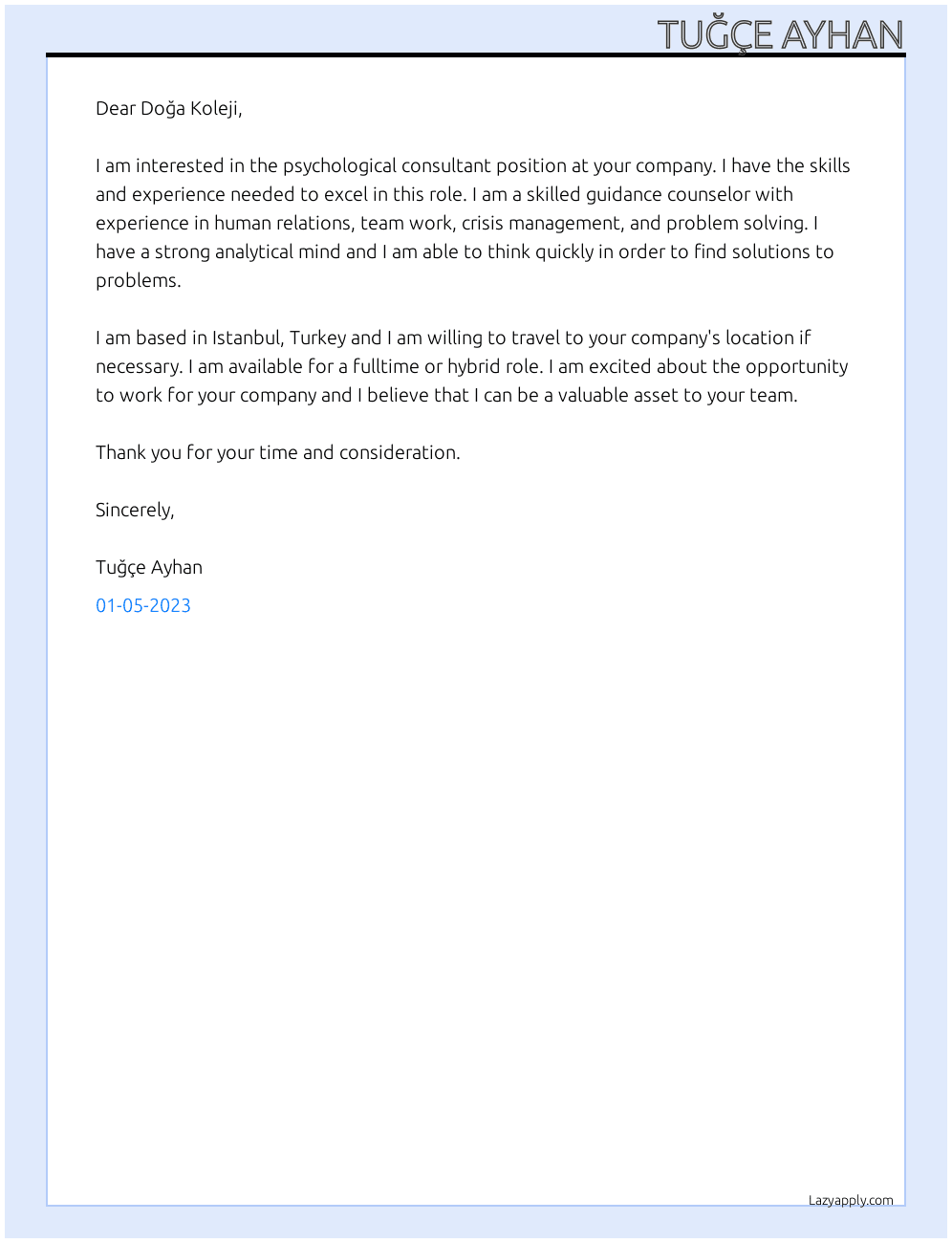 Cover letter for psychological consultant - LazyApply