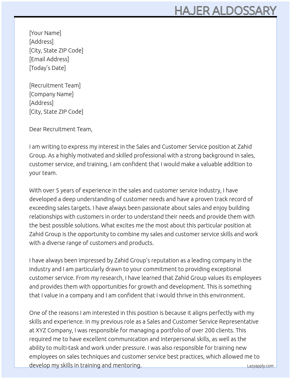 Sales and customer service At Zahid group Cover Letter