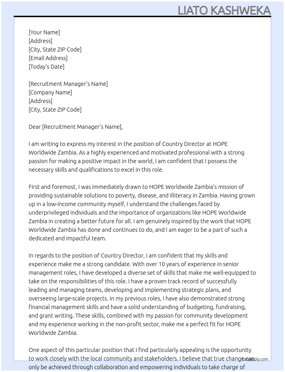 Country Director At HOPE Worldwide Zambia Cover Letter