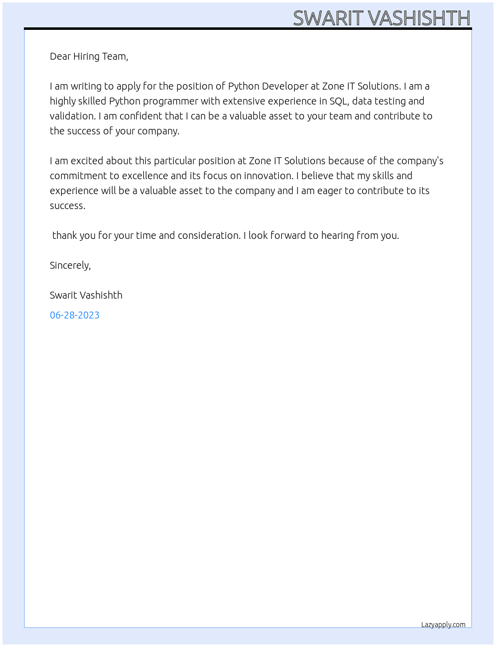 Python Developer At Zone IT Solutions Cover Letter