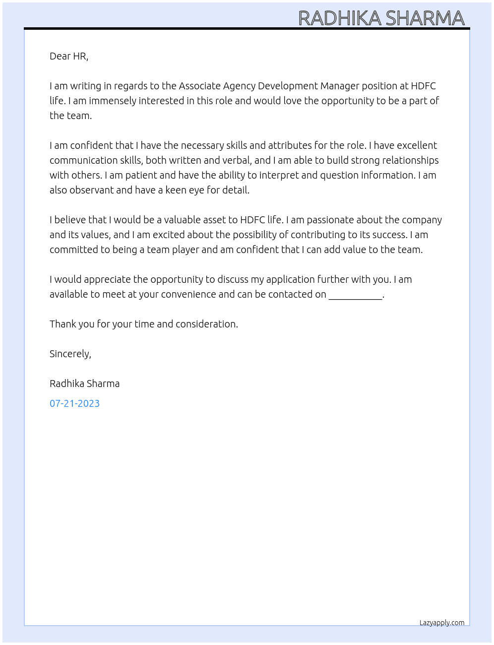Associate Agency Development Manager  At HDFC life Cover Letter