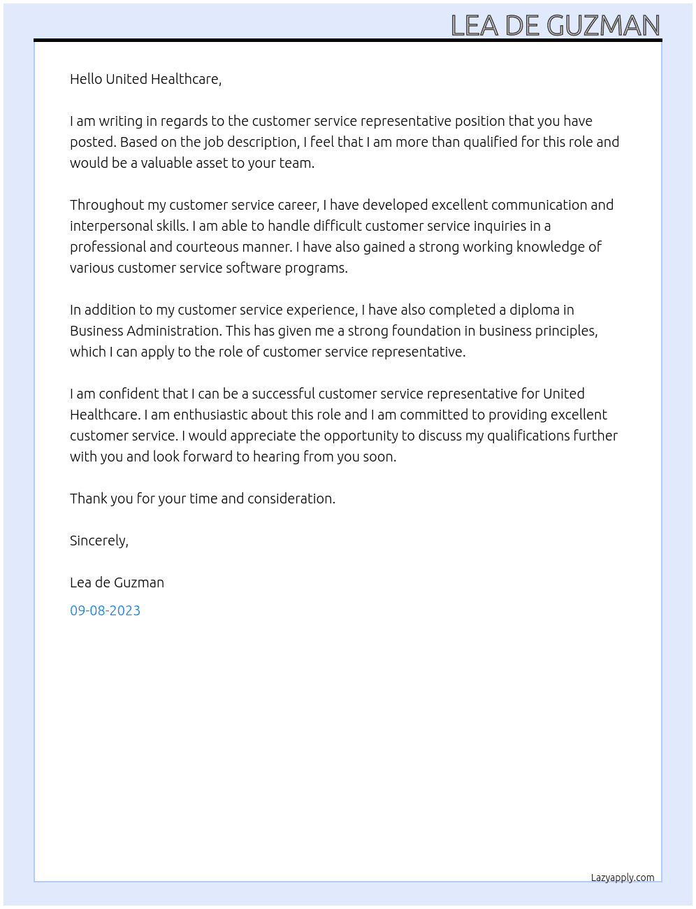 Customer service representative  At United healthcare  Cover Letter