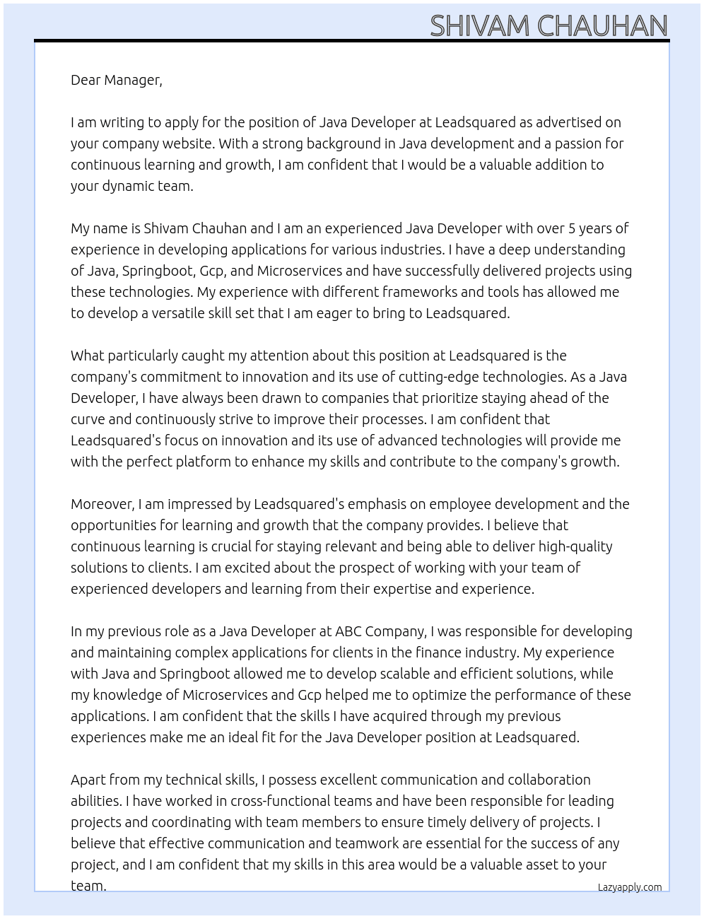 Java developer At Leadsquared Cover Letter