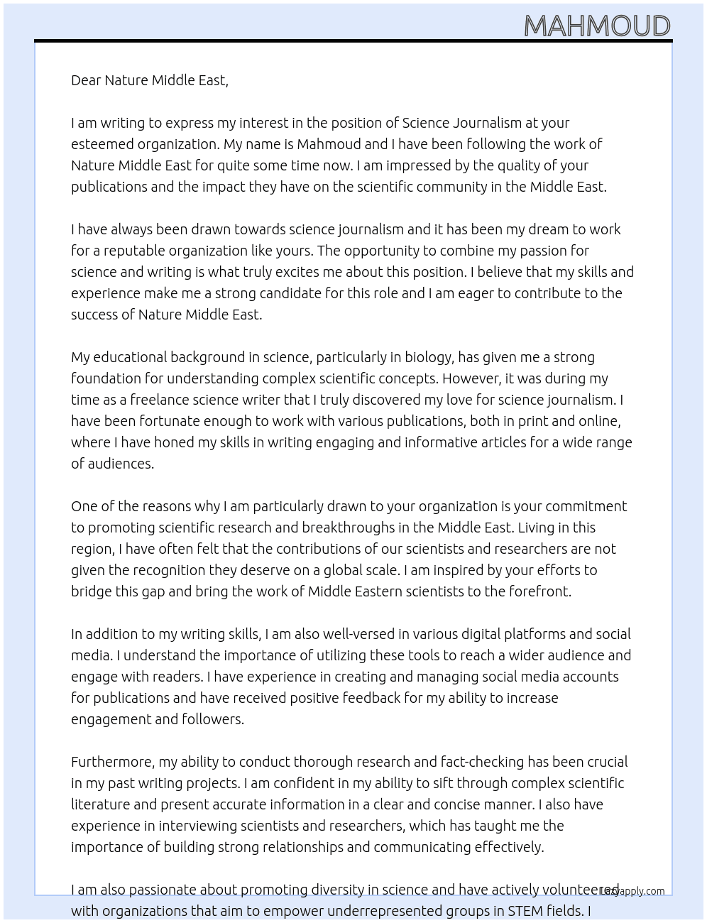 science journalism At Nature Middle East Cover Letter
