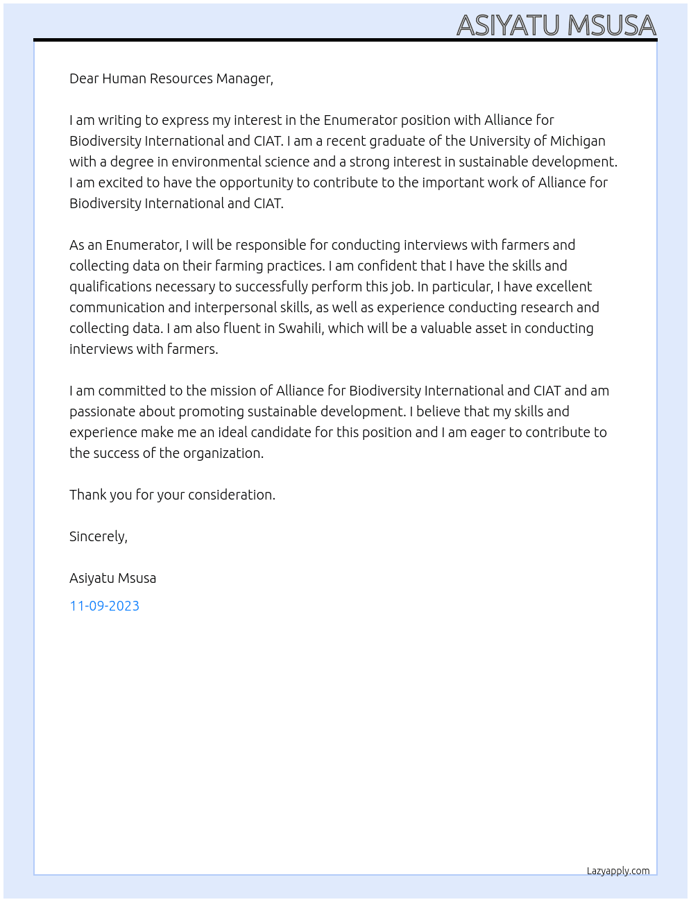 Enumerator  At Alliance for Biodiversity International and CIAT Cover Letter