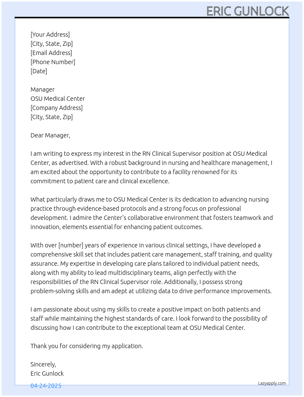 Cover letter for rn clinical supervisor - LazyApply