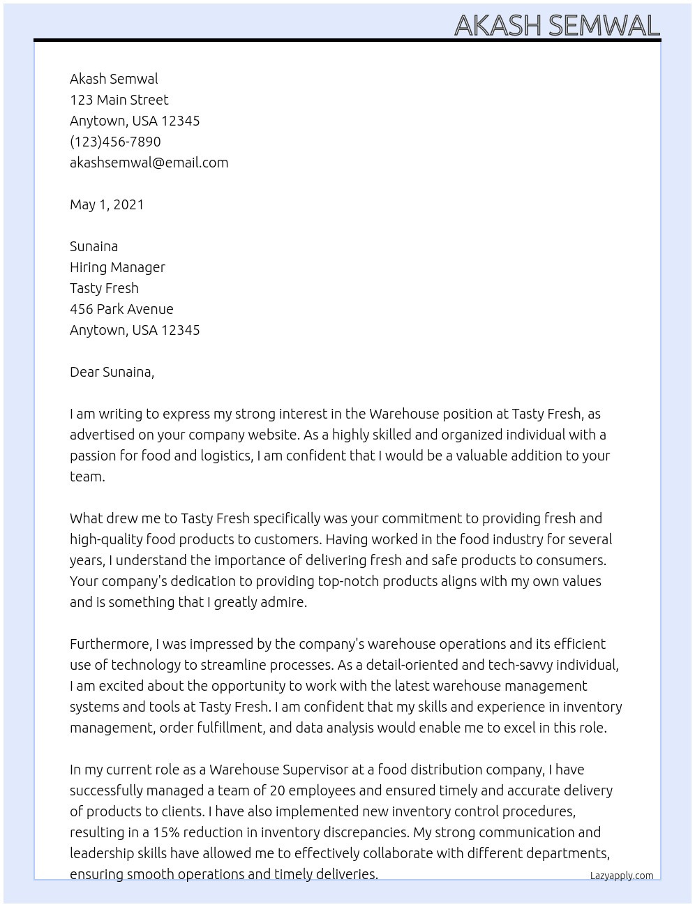 Warehouse  At Tasty Fresh Cover Letter