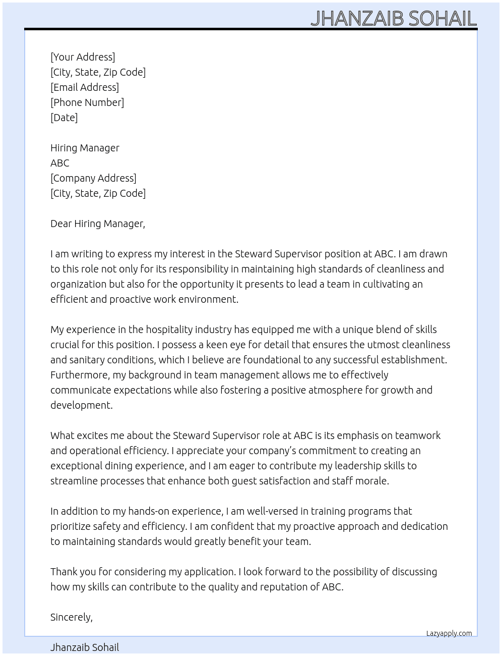 Steward Supervisor At abc Cover Letter