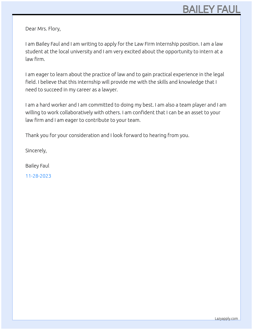 Lawyer At Law Firm Internship Cover Letter