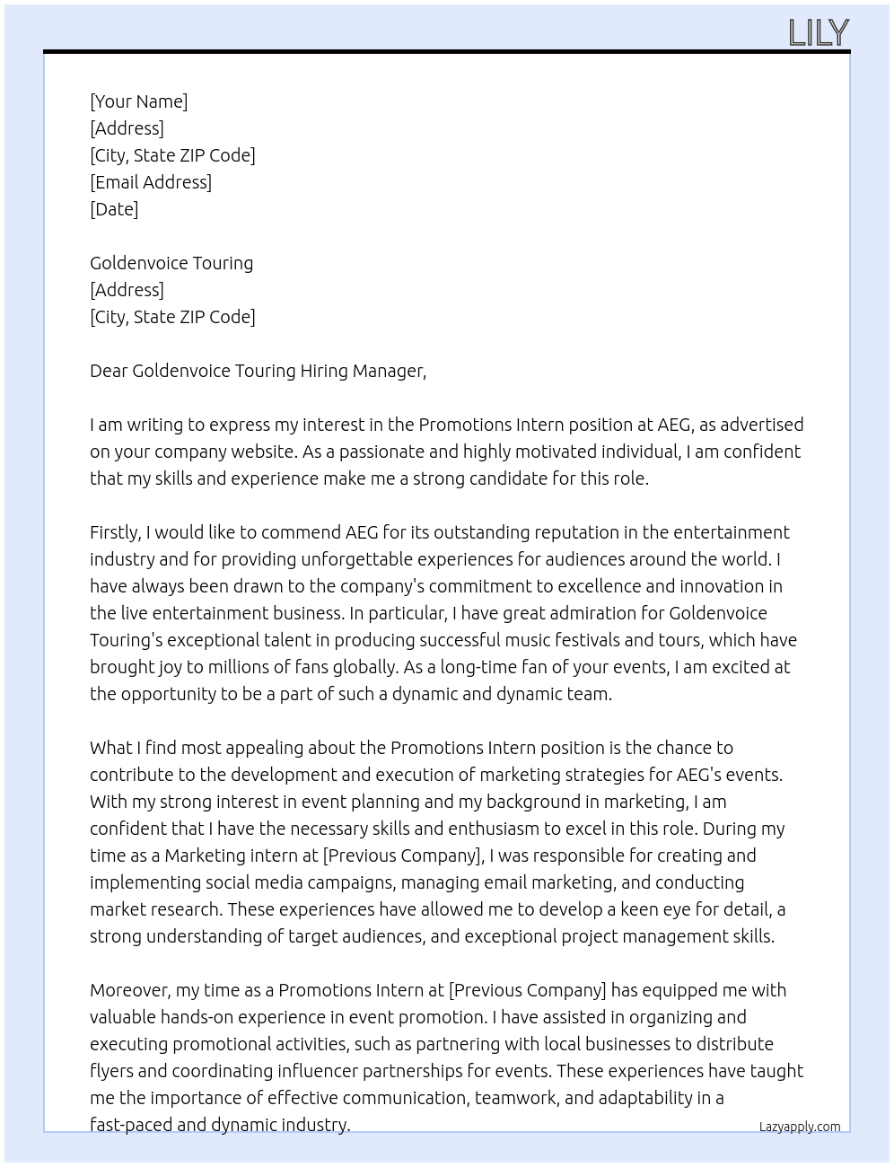 Promotions Intern At AEG Cover Letter