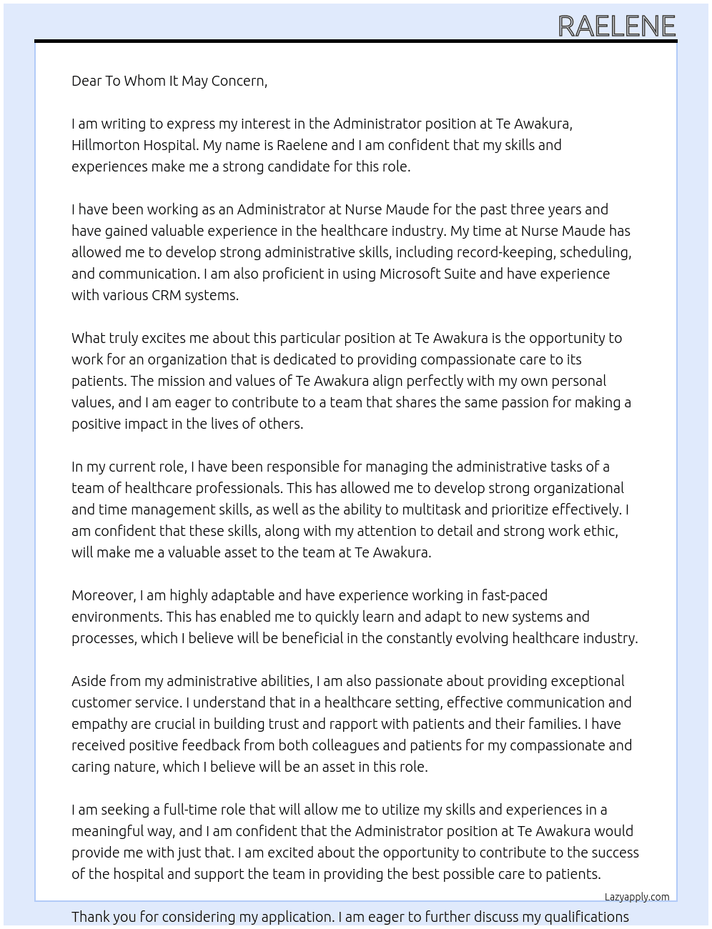 Administrator At Te Awakura, Hillmorton Hospital Cover Letter