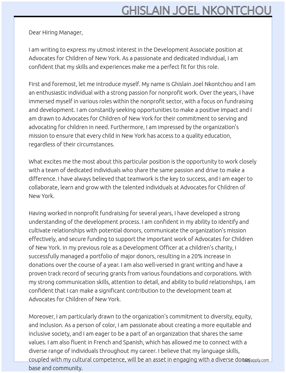 Development Associate At Advocates for Children of New York Cover Letter