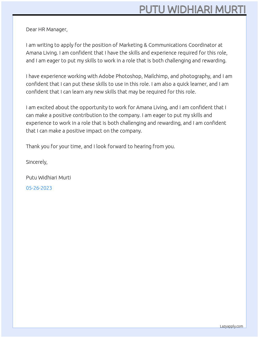 Marketing & Communications Coordinator At Amana Living Cover Letter