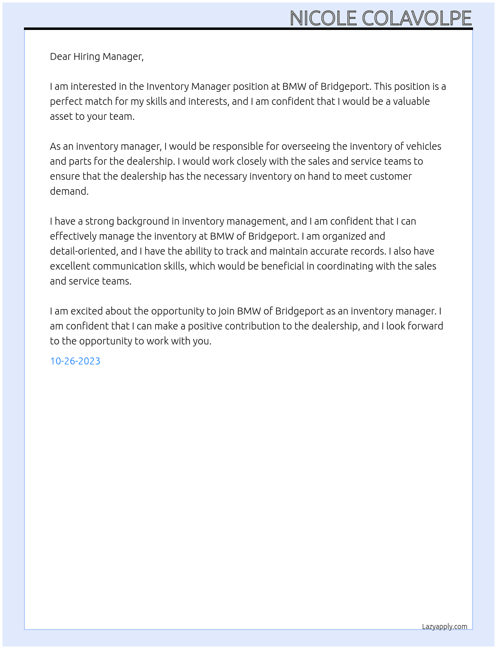 Inventory Manager At BMW of Bridgeport Cover Letter