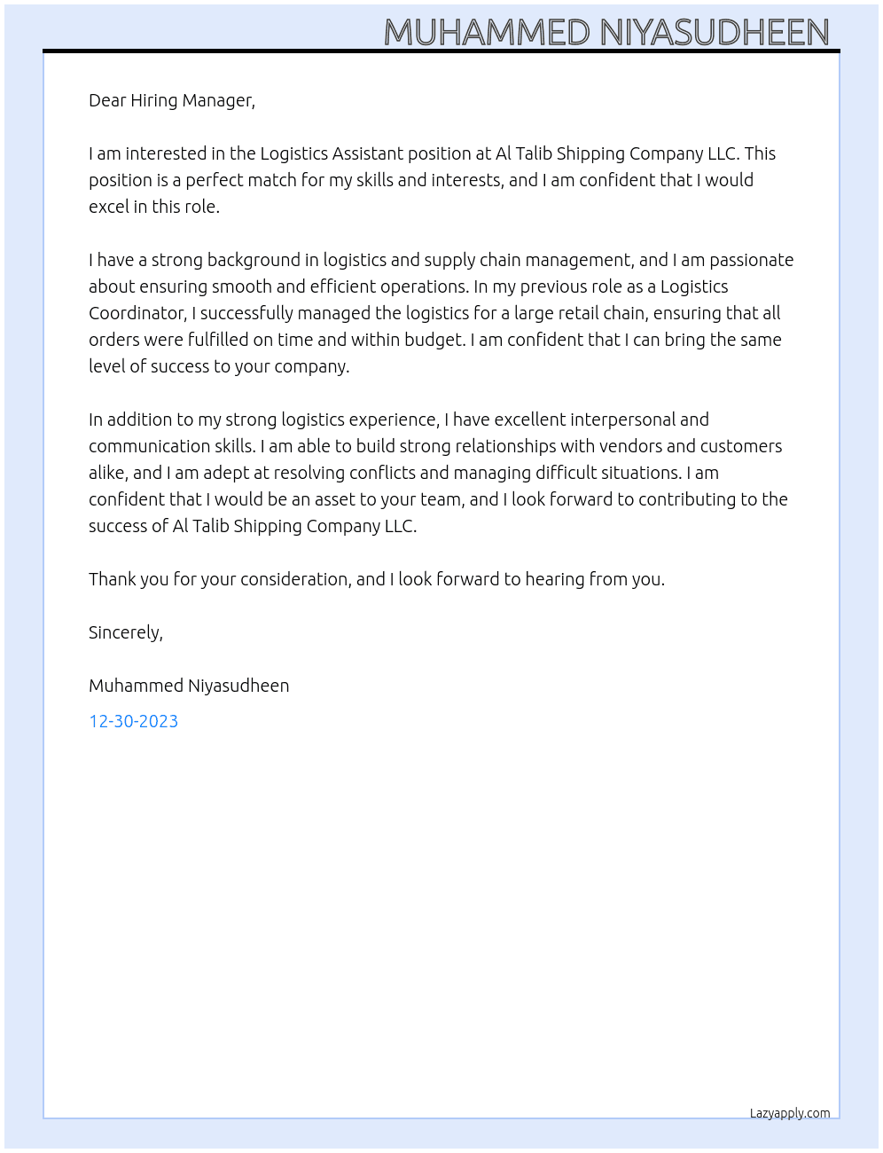 Logistics Assistant  At Al Talib Shipping Company LLC Cover Letter